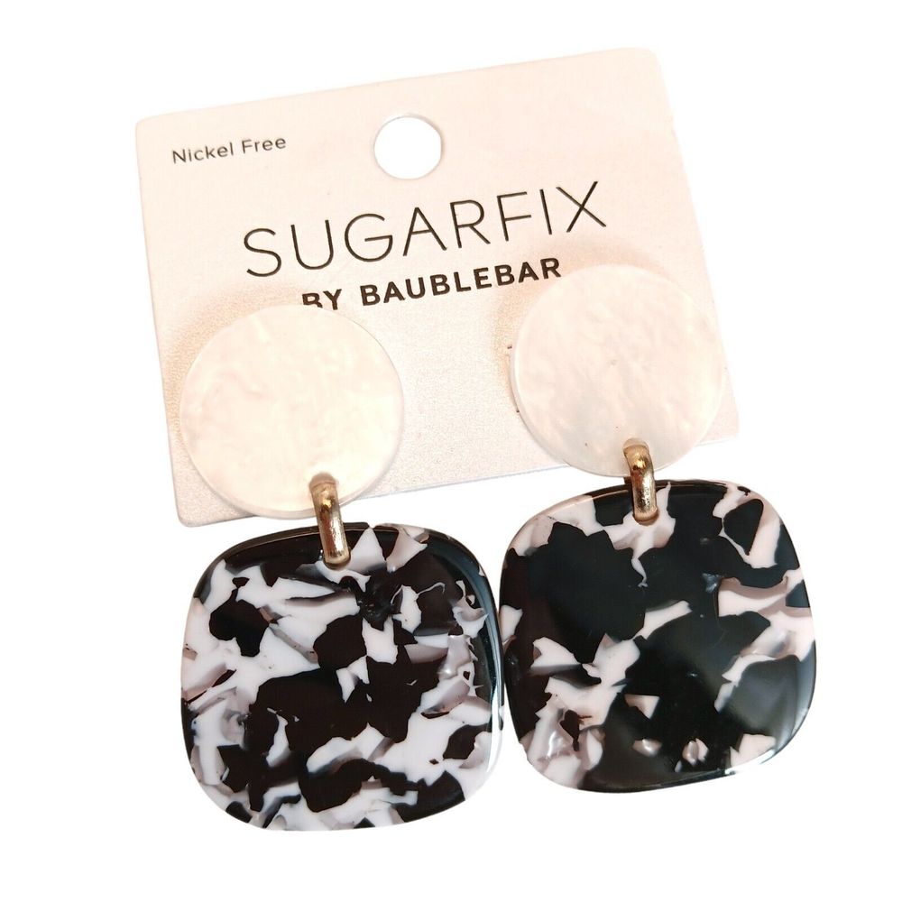 NWT SUGARFIX Baublebar Pearl/Black Tortoise Round Square Resin Post Earrings